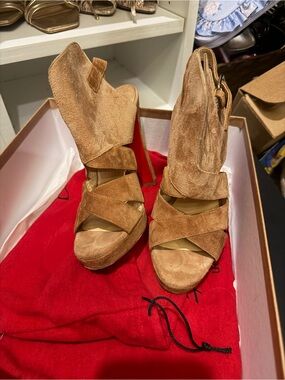 Christian Louboutin Tan Suede Crisscross High Heel Sandals